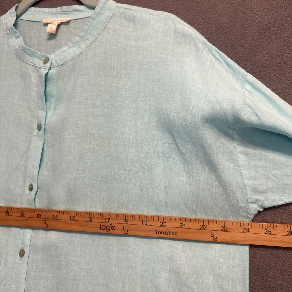 Eileen Fisher Organic Linen Button Tunic Top Band Collar Large Aqua Blue Resort - Picture 7 of 7